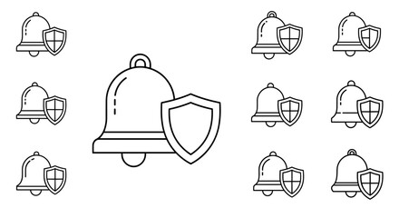 Minimalistic thin outline icon of a bell with a shield, symbolizing security, alerts, notifications, and protection, perfect for web design, graphic design, apps, banners, social networks, and cards