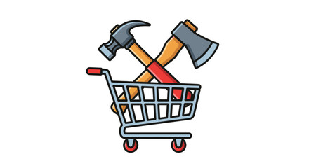 Conceptual vector illustration depicting a shopping cart filled with crossed tools, including a hammer and an axe, symbolizing the purchase or acquisition of construction materials, DIY supplies, or