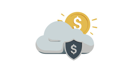 3D cartoon illustration of a cloud with a shield and a dollar coin, symbolizing cloud security, financial protection, and safe online transactions, rendered in a minimalistic style with vibrant