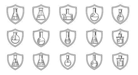 Collection of fifteen shield icons, each featuring a different laboratory flask or beaker outline, symbolizing science, research, and experimentation, perfect for graphic and web design, apps