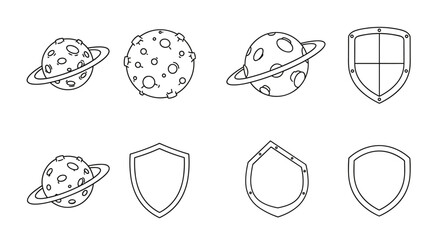 Collection of stylized outline icons featuring planets with rings and craters, alongside various shield shapes, perfect for graphic design, web development, app interfaces, advertising materials, and