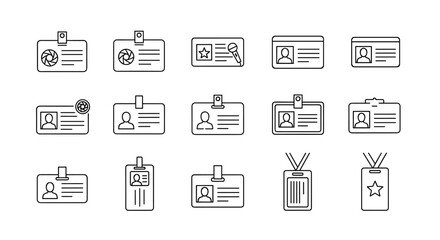 Set of outline icons representing press cards, ID badges, and access passes in a linear style, suitable for mobile and web design. Includes various designs with person icons, camera lenses