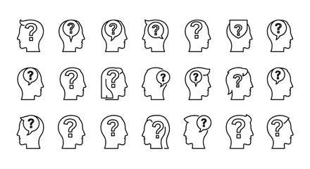 Collection of diverse head silhouettes with question marks inside, symbolizing confusion, inquiry, and thought processes, ideal for educational materials, problem-solving concepts, and creative