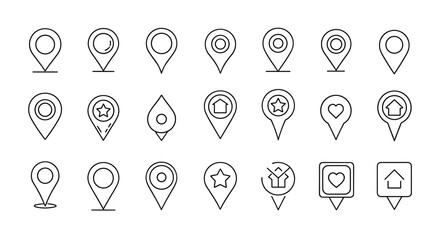 Set of modern location pin icons and map markers, featuring destination symbols, pointer logos, and various designs including circles, stars, hearts, and houses, presented as a clean vector
