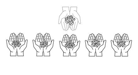 Minimalistic thin outline icon of roasted coffee beans held in open hands, symbolizing the coffee industry, agriculture, and the beverage sector. This versatile vector graphic is perfect for web