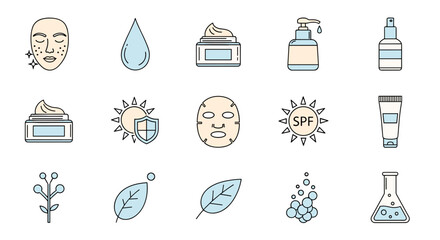 Set of outline icons representing skincare products and concepts, including a face with blemishes, a water drop, creams, sun protection, a face mask, natural ingredients, and laboratory equipment