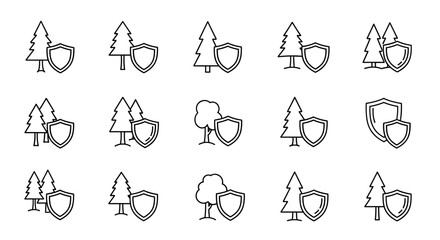 A stylized vector illustration features a vibrant green tree or forest silhouette set against a clean white background, enclosed within a bold shield outline. This graphic design element is perfect