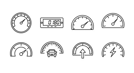 Speedometer thin line icon set, outline signs for graphic and web design, apps, adverts, various cards, vector cartoon illustration with a white background. Collection of dashboard gauges, speed