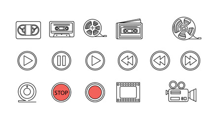 Retro video tape and film reel icons, play, pause, stop, rewind, fast forward, record, and camera symbols. A collection of vintage media playback and recording line art symbols, perfect for graphic