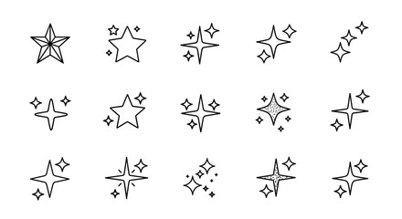 A collection of thin line art icons featuring sparkles and stars, presented on a clean white background. This editable stroke vector illustration is perfect for web design, book covers, greeting