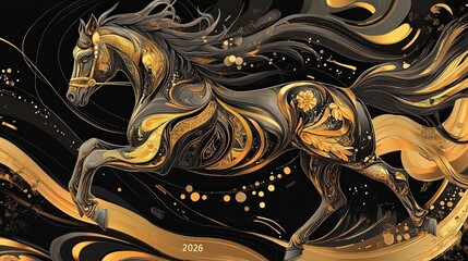 Golden black horse abstract art with metallic waves