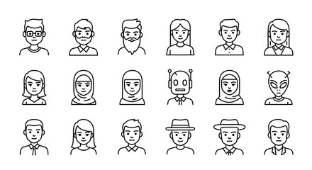 Diverse collection of outline avatar icons, featuring a variety of characters including men, women, a robot, and an alien, presented in a clean line art style on a white background, perfect for