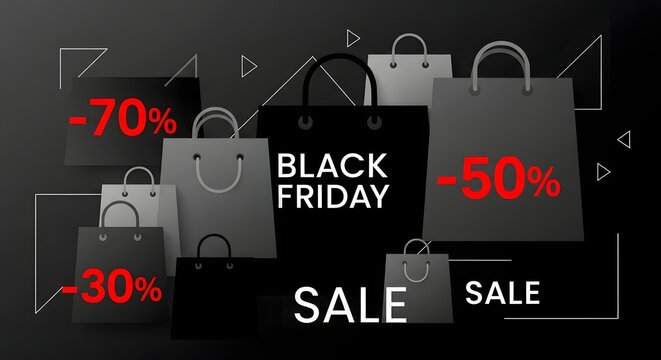 Black Friday sale with shopping bags and percentage discounts on a dark background.