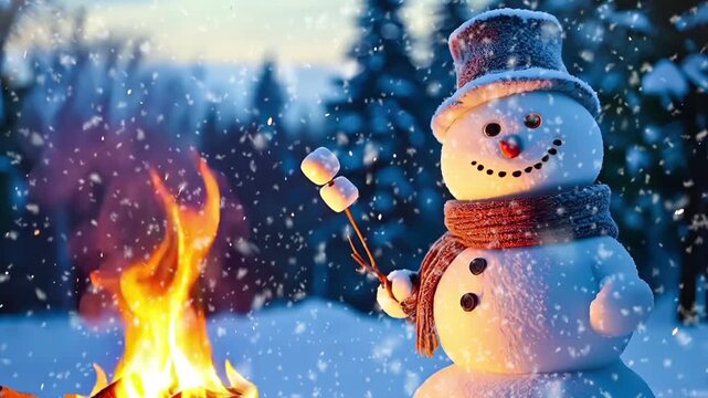 Animated Happy Little Snowman Roasting Marshmallows At A Bonfire In The Woods	