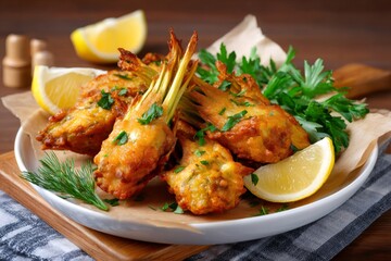 Fototapeta premium Fried zucchini flowers with lemon and parsley