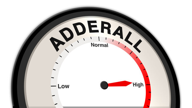 Adderall at high levels on a barometer or tachometer, showing symptoms like agitation, increased heart rate, and anxiety, indicating potential overdose and requiring immediate medical attention