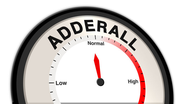 Adderall at normal levels on a barometer or tachometer, showing balanced alertness and focus with minimal side effects, indicating proper usage and ongoing symptom management