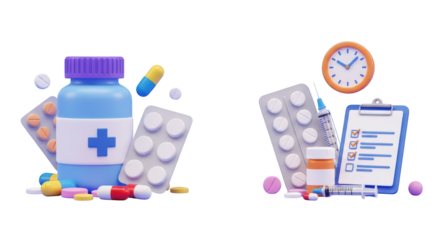 Medical supplies and healthcare items arranged with clock isolated on a transparent background