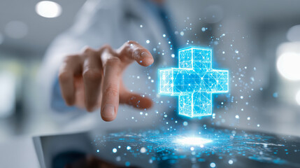 Doctor or healthcare professional interacting with digital holographic medical cross symbol representing futuristic health technology and innovation in clinical care