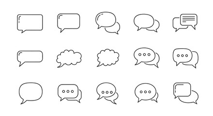 Collection of minimalistic linear icons of speech bubbles, featuring a variety of shapes and styles including rounded rectangles, clouds, and standard chat bubbles with dots, perfect for web design