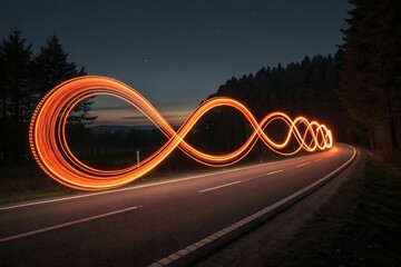 Vibrant orange light painting of an infinity symbol trails across a dark empty road at night