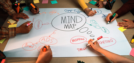 A dynamic scene showing a collaborative brainstorming session where multiple hands engage in creating a colorful mind map that explores marketing strategies. SACTR