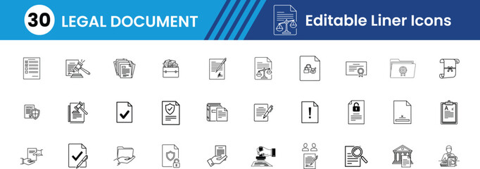 legal document glyph Icon set, Including Contract, Gavel, Law Book, Scale of Justice, Handshake, Signature, Court House, Shield, Judge, Law Certificate Vector line Icons illustration