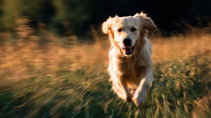 Golden Retriever Running in a Field of Grass on a Sunny Day - A Blur of Joy and Energy