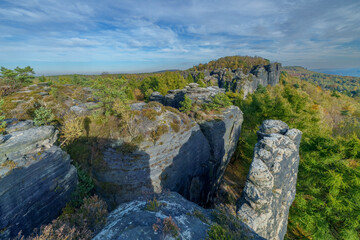 The Great Tisa Rocks - natural rock formations in Bohemian Switzerland, Wonderful rock formation Tiske steny , Czech Republic. Autumn.
