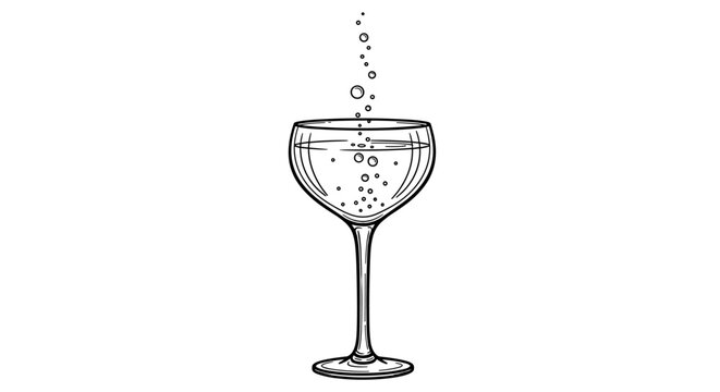 Elegant black and white champagne glass line art illustration with rising bubbles, evoking a retro, hand-drawn aesthetic. This vector graphic captures the effervescence and sophistication of a