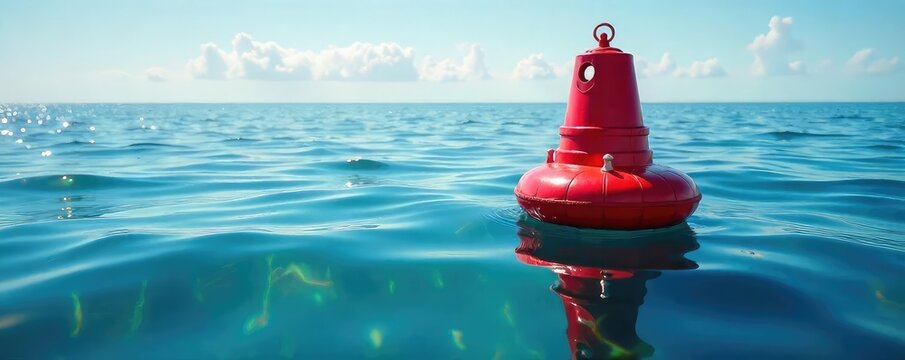 Vibrant red buoy bobbing gently on a calm ocean surface, sunlight reflecting off its polished surface  A tranquil scene of nature's beauty and nautical markers , buoy, environment, nautical