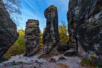 The Great Tisa Rocks - natural rock formations in Bohemian Switzerland, Wonderful rock formation Tiske steny , Czech Republic. Autumn.