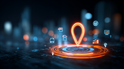 Digital location icon glowing in futuristic smart city network
