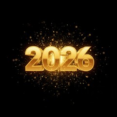 Golden 3D 2026 text with sparkling glitter on a black background