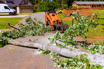 Crawler tractor loader machine removes large tree debris from road in quiet neighborhood following recent bad weather. © ungvar