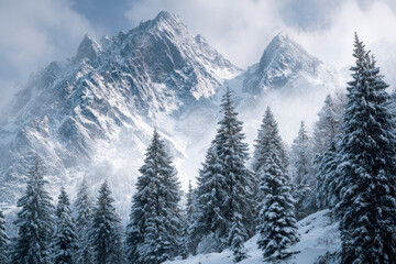 Snow-covered evergreen trees in a misty forest with majestic rugged mountain peaks towering in the background under a soft cloudy sky in wintertime wilderness scenery