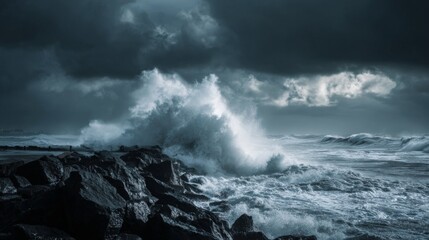Dramatic Ocean Waves Crash Against Rocky Jetty Under Dark Stormy Sky Creating Dynamic Scene of Nature's Power and Beauty