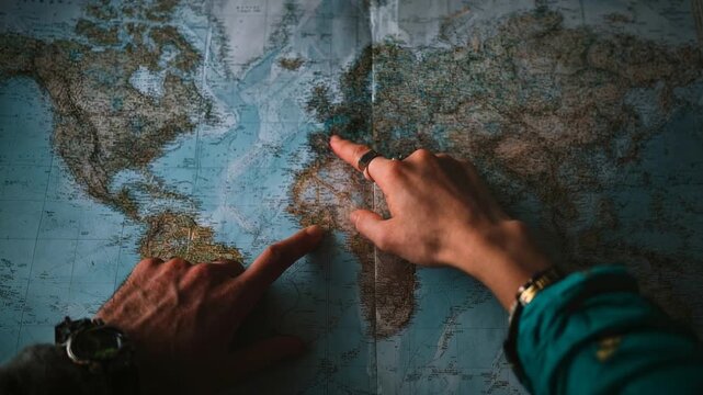 Traveller hands pointing on a vintage paper map by soft window light, planning the next adventure; evocative storytelling for tourism, road trips, exploration, and inspirational travel content
