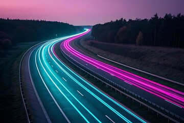 Vibrant streaks of light paint a highway at dusk with neon pink and electric blue hues