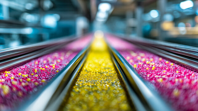Vibrant colorful sprinkles being processed on parallel conveyor belts in a confectionery factory with a shallow focus industrial background ambiance