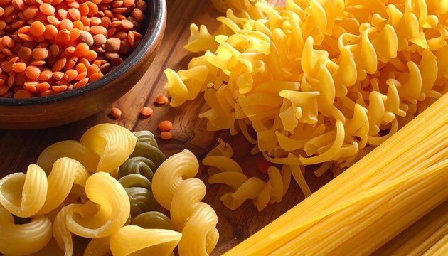 An overhead, close-up shot of various uncooked food ingredients. Lentils sit in a bowl, along with different shapes of pasta. The wooden surface contrasts textures - Powered by Adobe