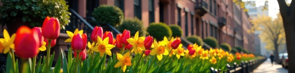 Vibrant tulips and daffodils in bloom against the backdrop of a classic New York City brownstone building A quintessential spring scene in the city that never sleeps , cityscape, street