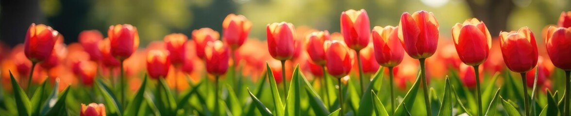Vibrant tulips in a lush spring garden bursting with color; sun-drenched petals, fresh green leaves, blossoming flowers, a scene of renewal and growth , flourishing, gorgeous, flowers