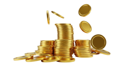 Piles of Shiny Gold Coins Falling and Stacked isolated on a transparent background money wealth