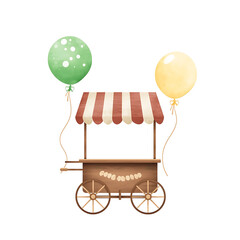 A vintage wooden cart features a brown and white striped canopy, complemented by two balloons—one polka-dotted green and one solid yellow.