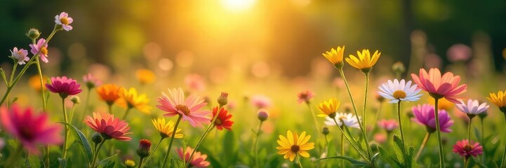 Vibrant wildflowers bathed in warm sunlight, a picturesque meadow scene bursting with color and life Perfect for nature, summer, and botany themes , outdoor, wild, texture