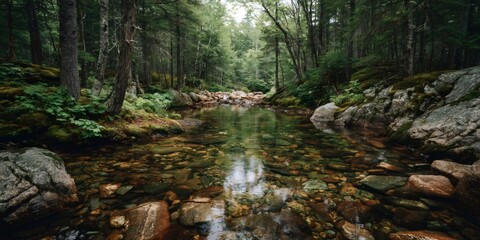 Obraz premium Forest stream flowing over colorful rocks, clear fresh water in wild nature landscape, green summer trees
