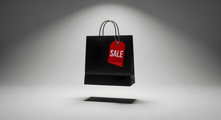 Black shopping bag with a red sale tag floating in the air.