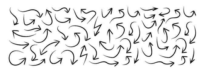 Collection hand drawn arrows. Set of hand drawn Grunge curved arrows set in different directions. hand drawn arrow collection. vector stock.