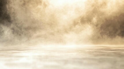 Ethereal golden mist and fog background on an empty reflective surface with dramatic light effect